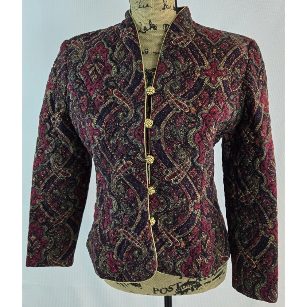 karin Stevens 100% Rayon Dark Browns Paisley Print quilted Jacket Coat size 12